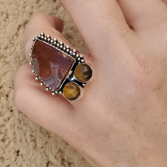 New Lake Superior Agate & Tiger Eye 925 Silver Ring. - Picture 6 of 13